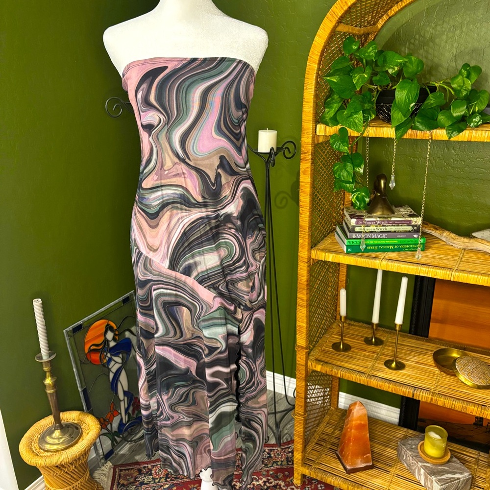Tjmaxx Watercolor Jewel Tone Tubetop Strapless Lettuce Hem Thigh Slit Midi Dress